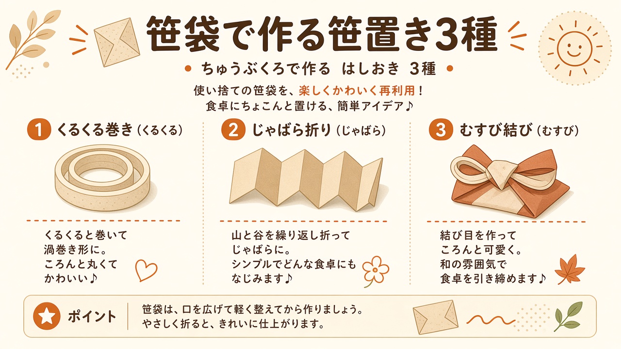 割り箸の箸袋で作った3種類の箸置き