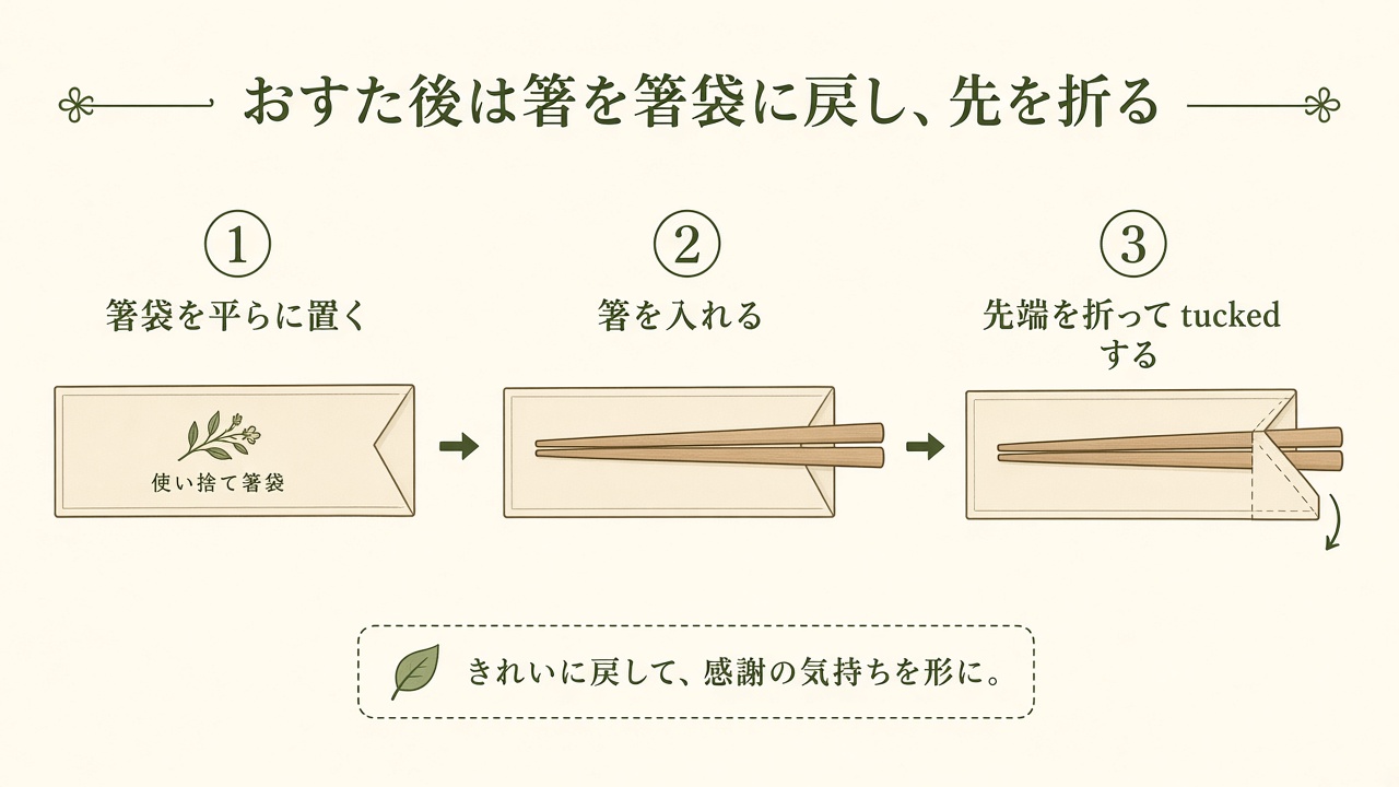 食べ終わったあと箸を箸袋に戻し、先を折った状態（図解）