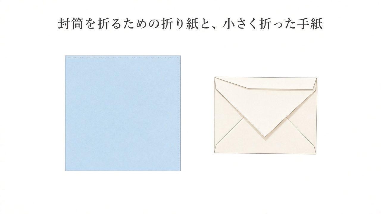 封筒を折るための折り紙と、小さく折った手紙(図解)