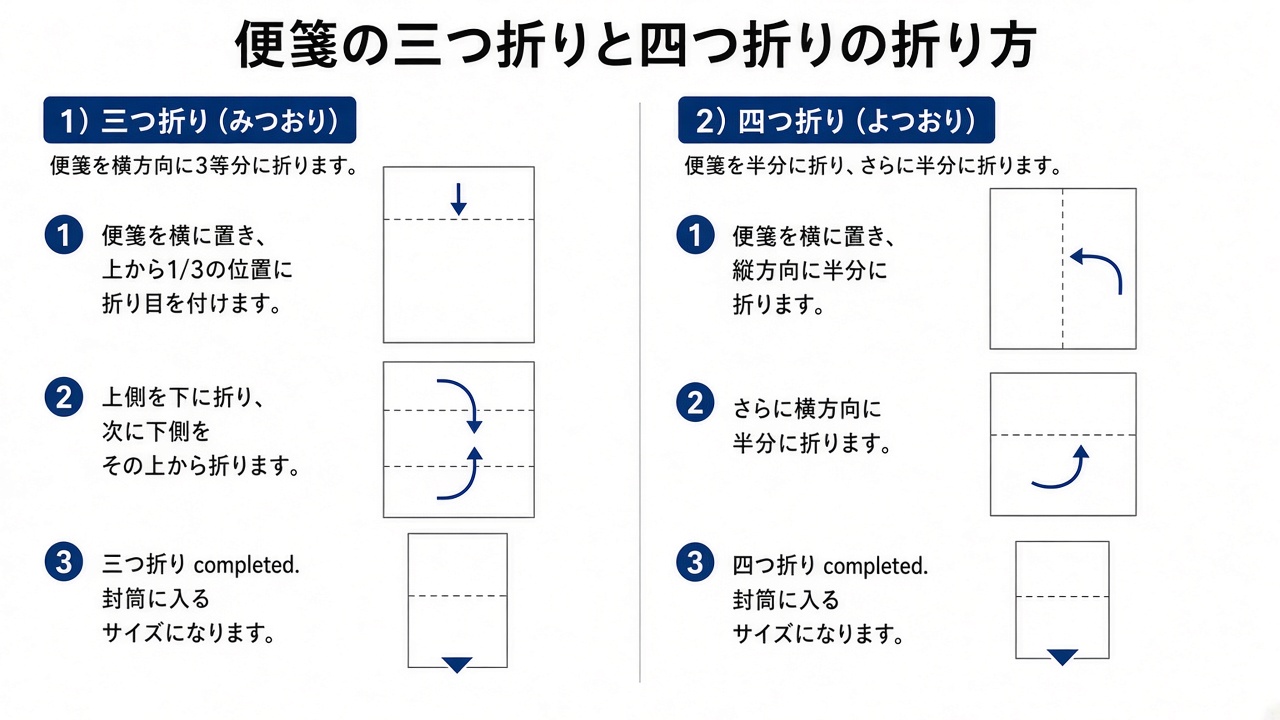 便箋の三つ折りと四つ折りの折り方(図解)