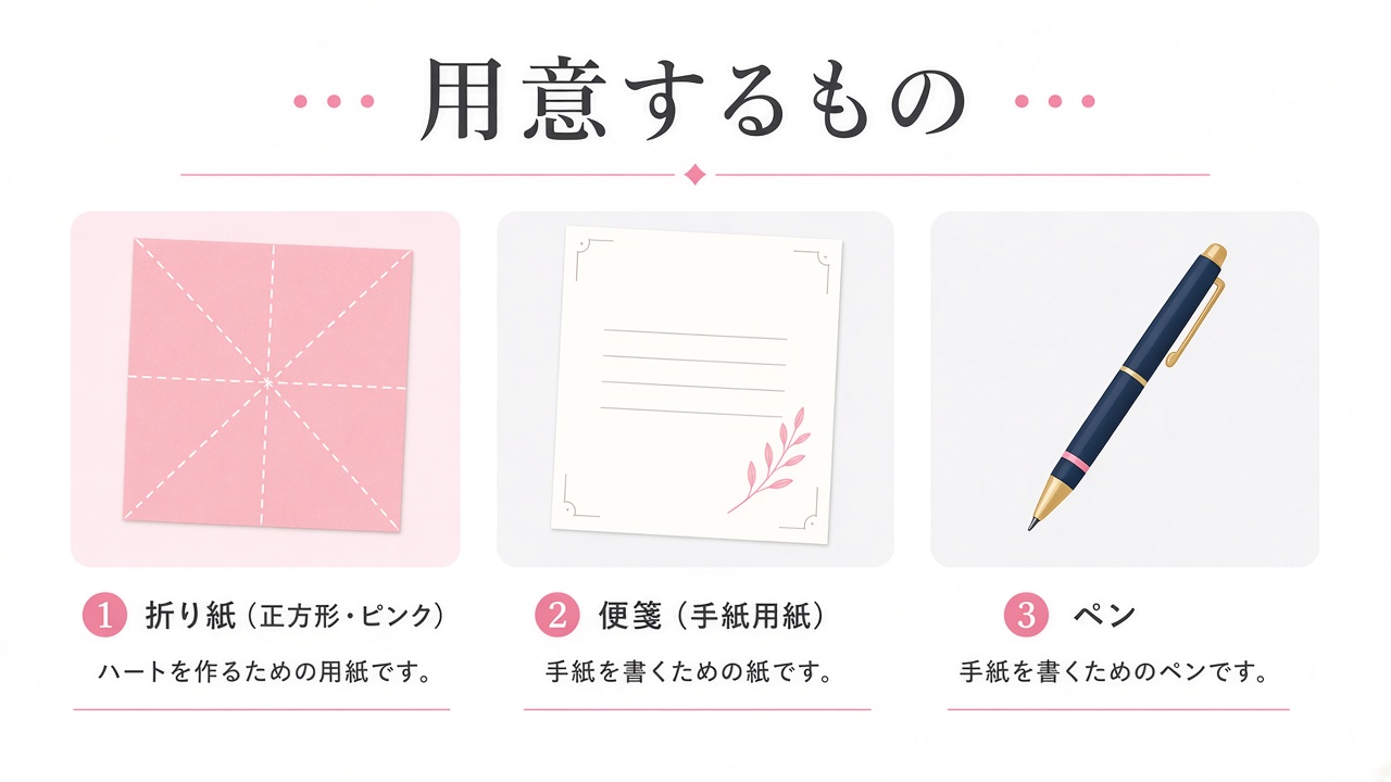 ハートの手紙を折るために準備するもの(折り紙・便箋・ペン)のイラスト