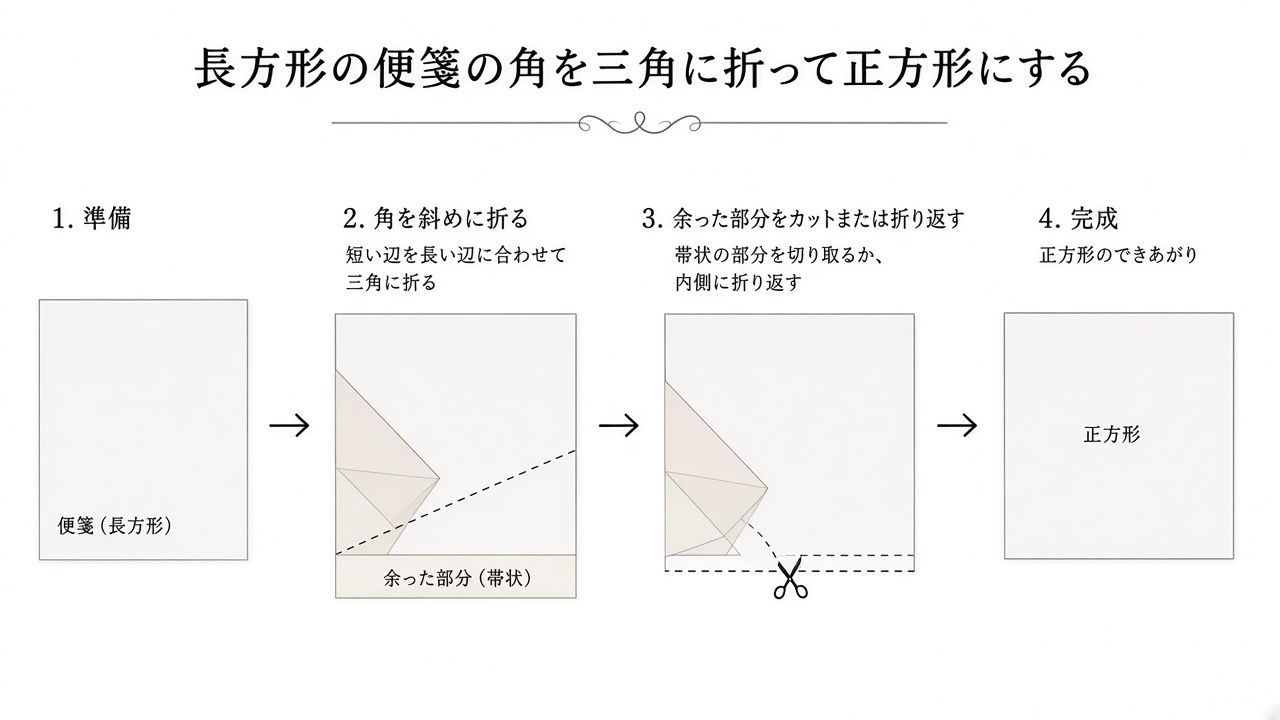 長方形の便箋の角を三角に折って正方形にするところの図